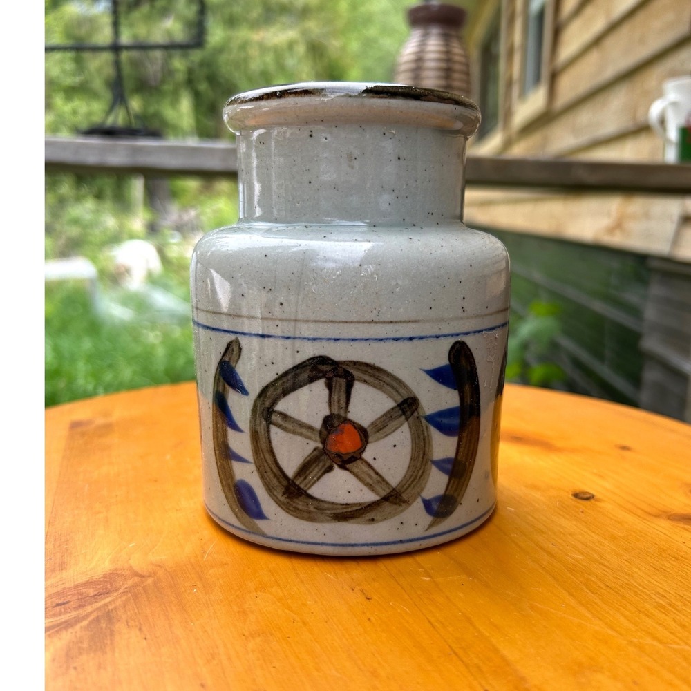 Vintage German Salt Glaze Stoneware Crock Vase Grey Blue Wheel Hand Painted Neut